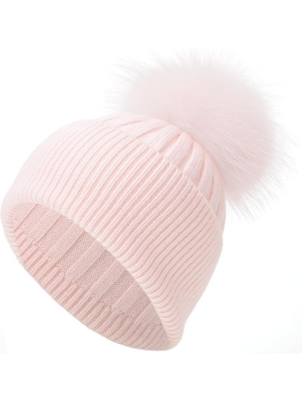 Cozy Women's Ribbed Knit Cuffed Beanie Hat with Real Fur Pom Pom - Winter